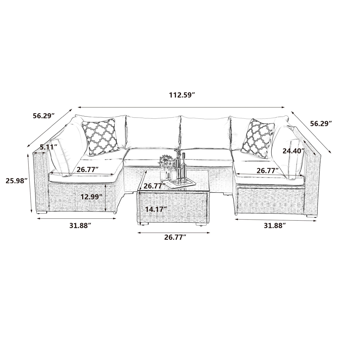 Patio Furniture 7-Piece Wicker Sectional Cushioned Sofa Sets with 2 Pillows and Coffee Table