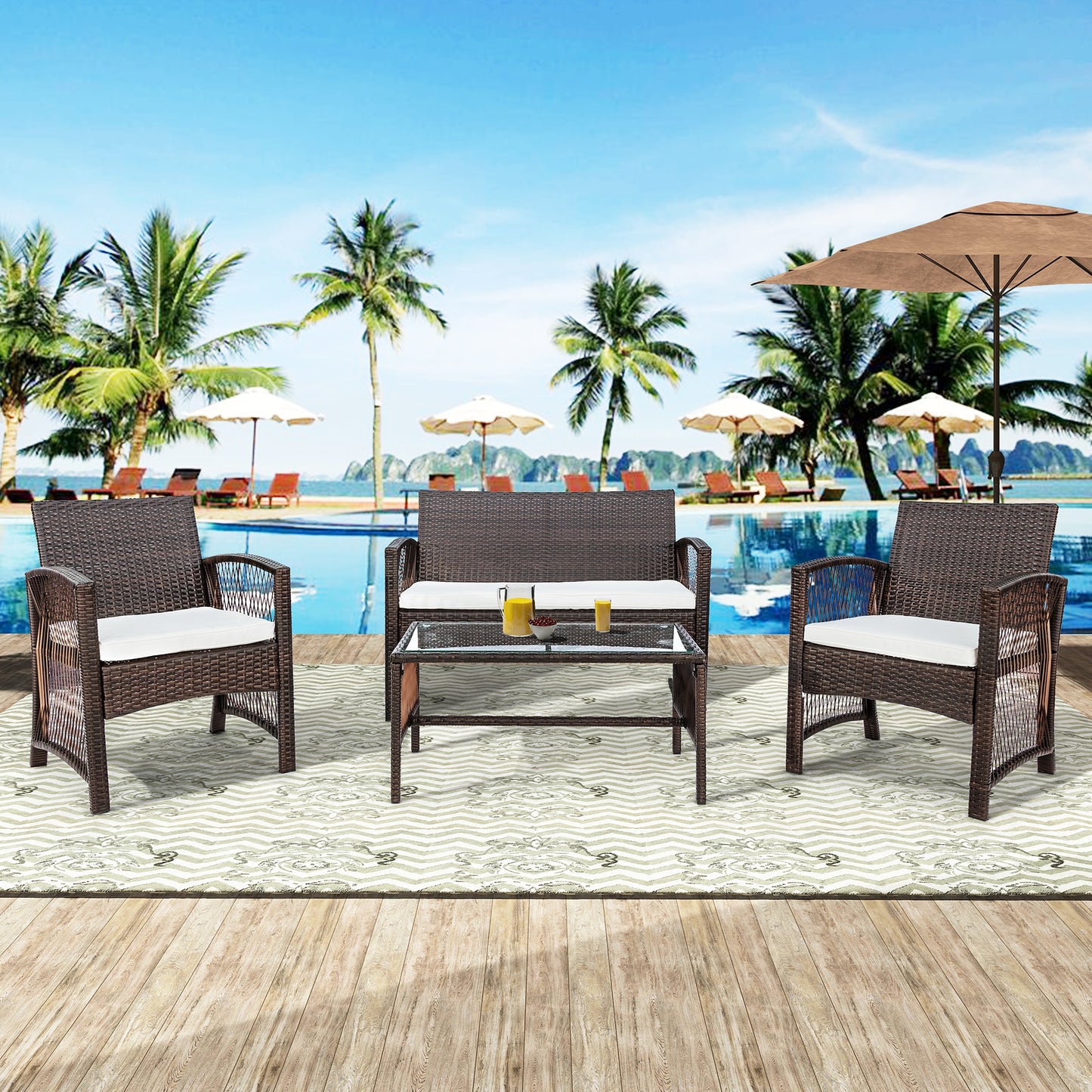 4Pcs Outdoor Rattan Patio Furniture; Coffee Table