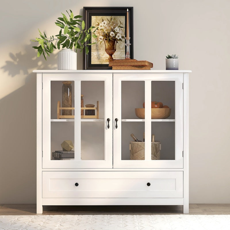 Storage Sideboard Buffet Cabinet with 2 Transparent Doors and Drawer Dining Cupboard for Kitchen, Hallway, Living Room White