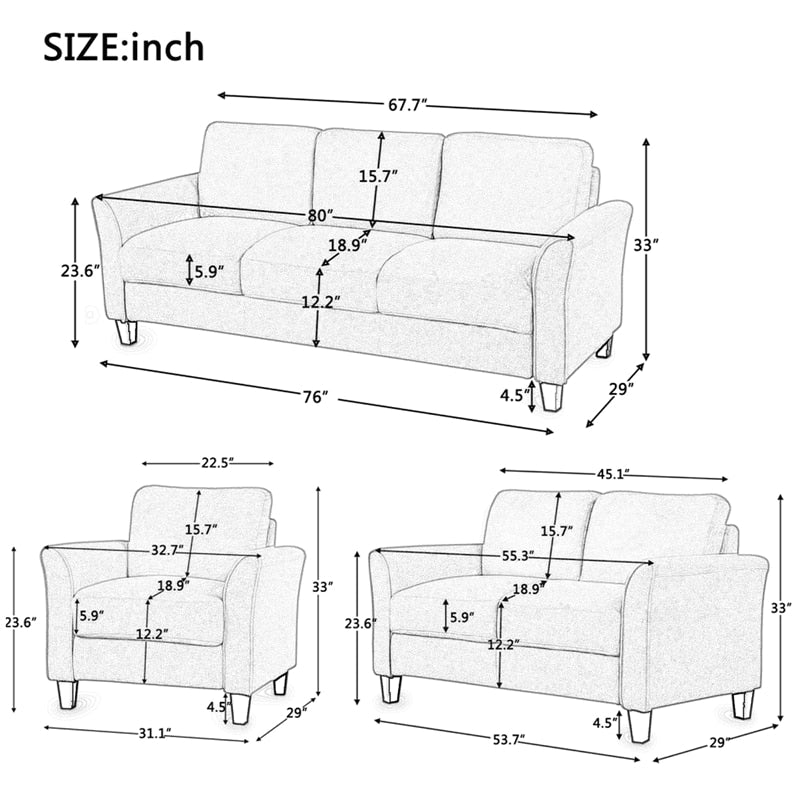 Modern Polyester 3 Piece Sofa Set