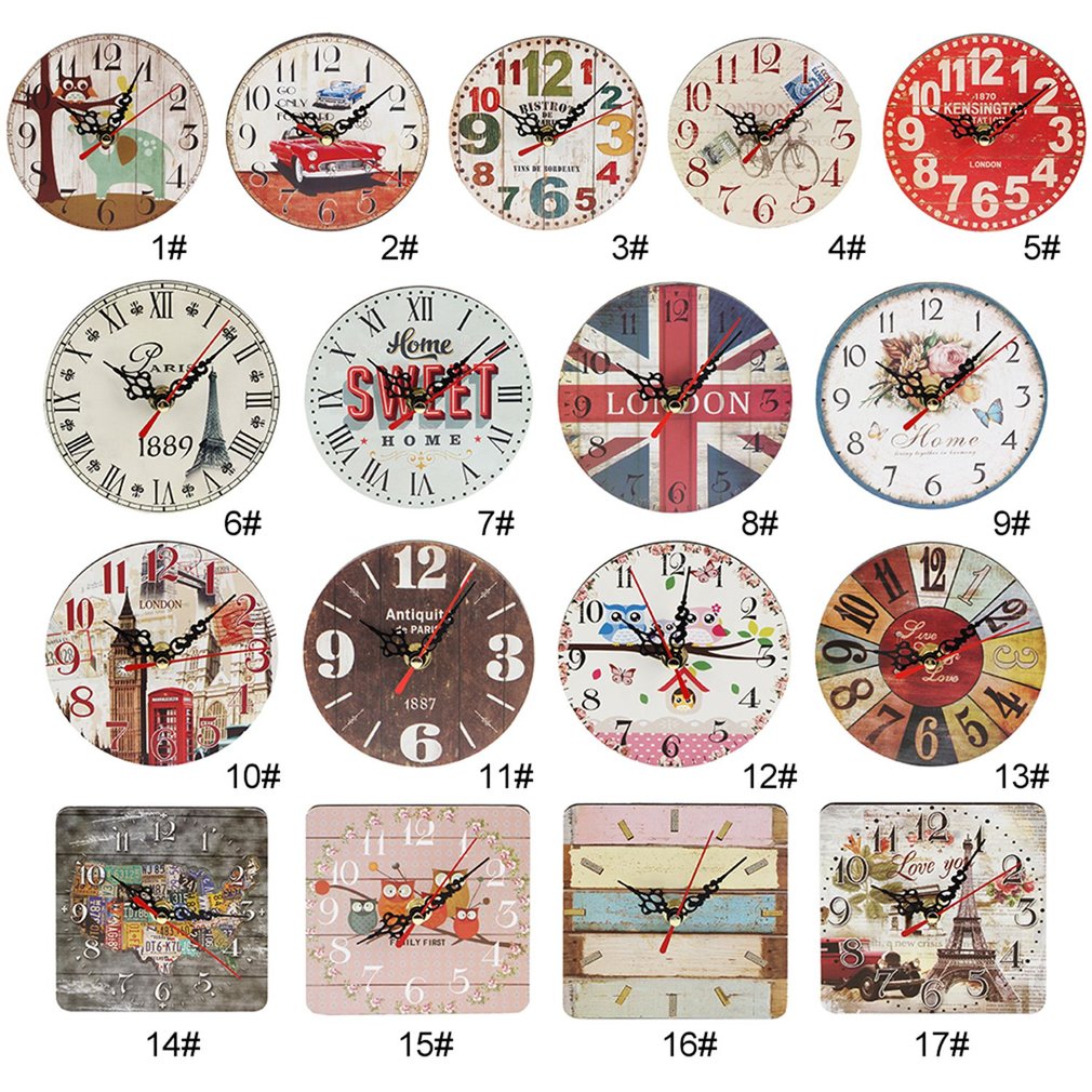 European Style Round Colorful Rustic Decorative Antique Wooden Home Wall Clock