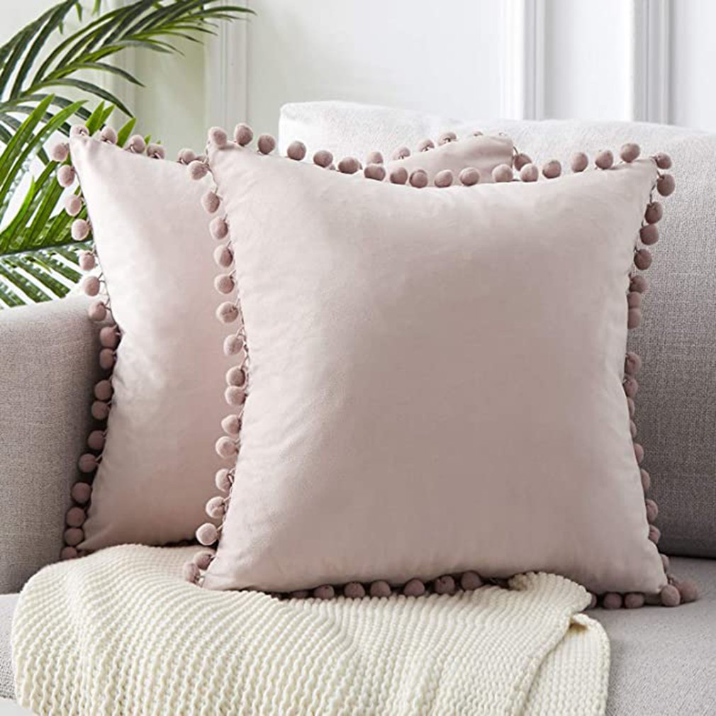 Decorative Velvet Solid Throw Pillow Covers With Pom-poms