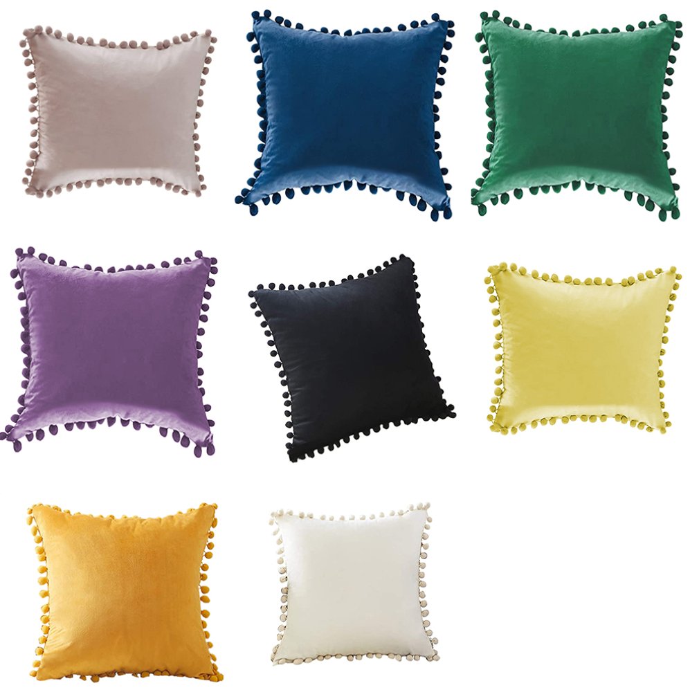 Decorative Velvet Solid Throw Pillow Covers With Pom-poms