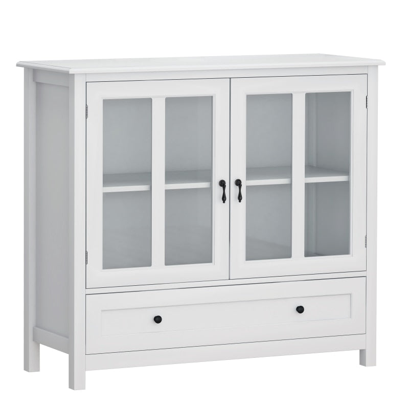 Storage Sideboard Buffet Cabinet with 2 Transparent Doors and Drawer Dining Cupboard for Kitchen, Hallway, Living Room White