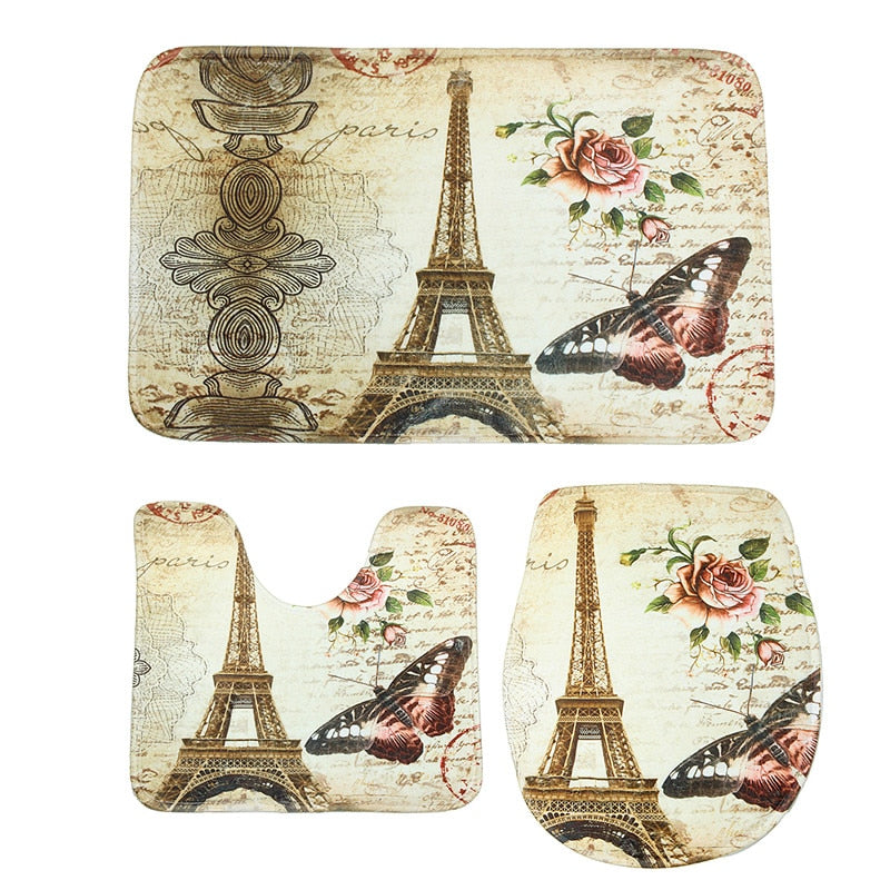 Eiffel Paris Print Bathroom Shower Curtain Waterproof Set