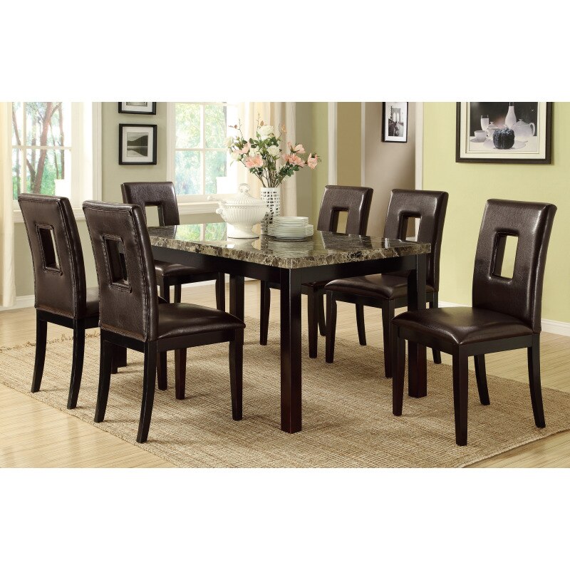 7 piece Dining Table Set with Faux Marble Top 6PCS Side Chairs Brown Faux Leather for Kitchen Dining Room Furniture Dark Brown