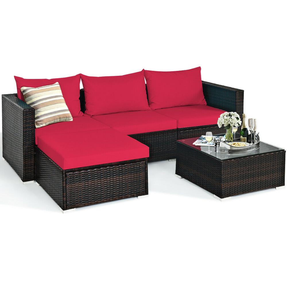 5 Piece Patio Rattan Furniture Set Sectional Sofa w/ Coffee Table