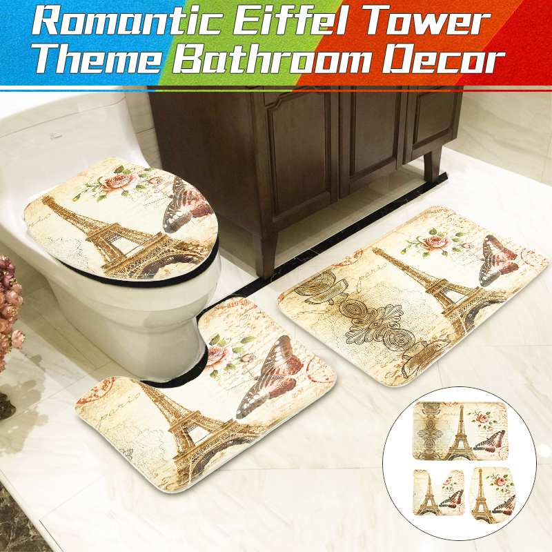 Eiffel Paris Print Bathroom Shower Curtain Waterproof Set