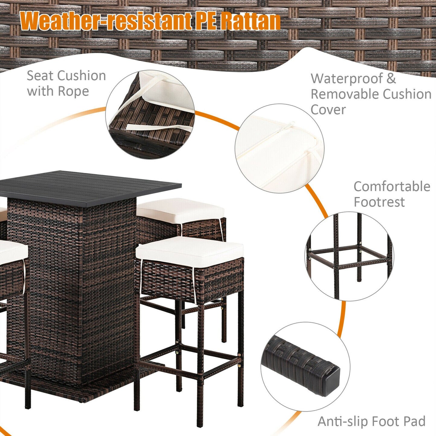 Bar Table Stool Set Hidden Storage Shelf Cushioned