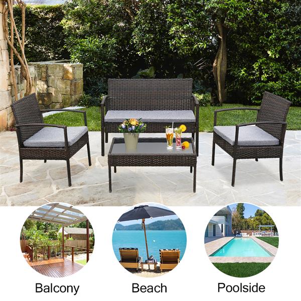 Outdoor Patio Rattan Wicker Furniture Set with Table Sofa Cushioned Light Grey