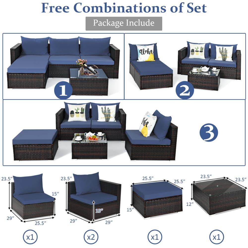 5 Piece Patio Rattan Furniture Set Sectional Sofa w/ Coffee Table