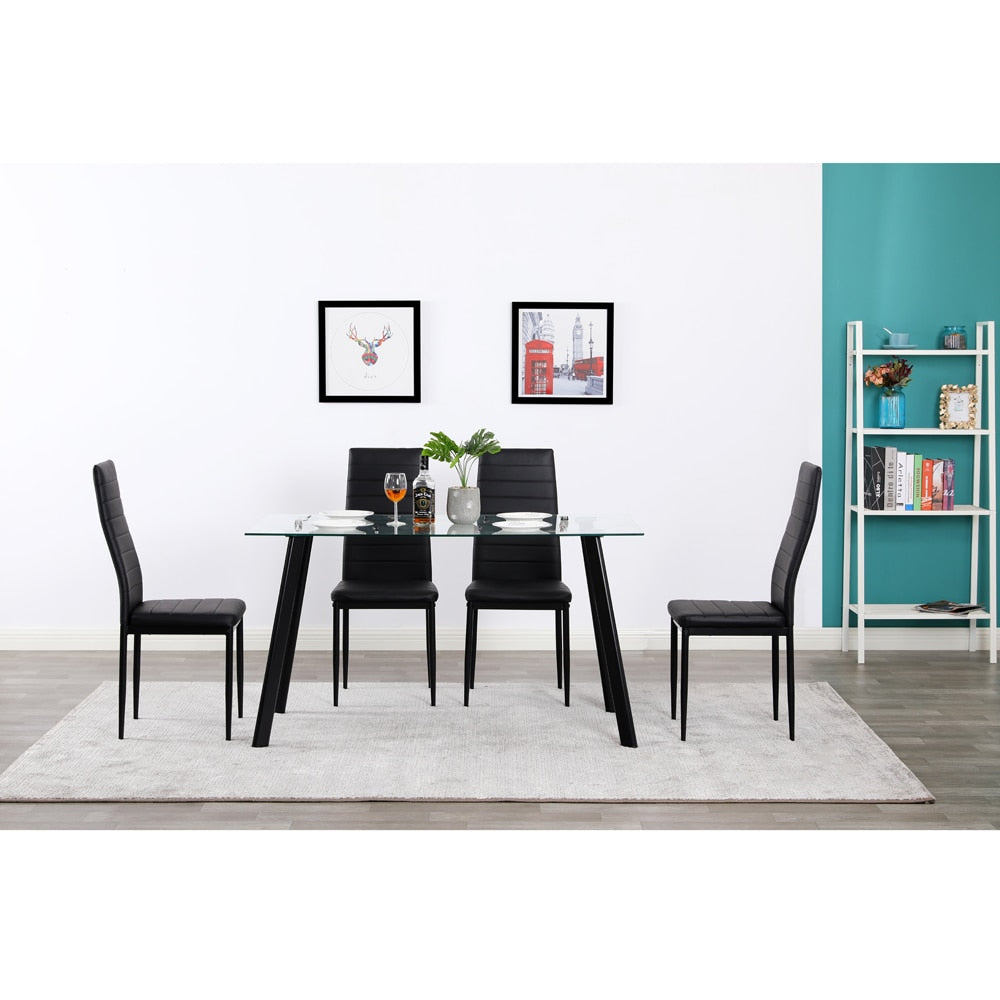 Black Dining Set 4 Chairs with Glass Metal Table