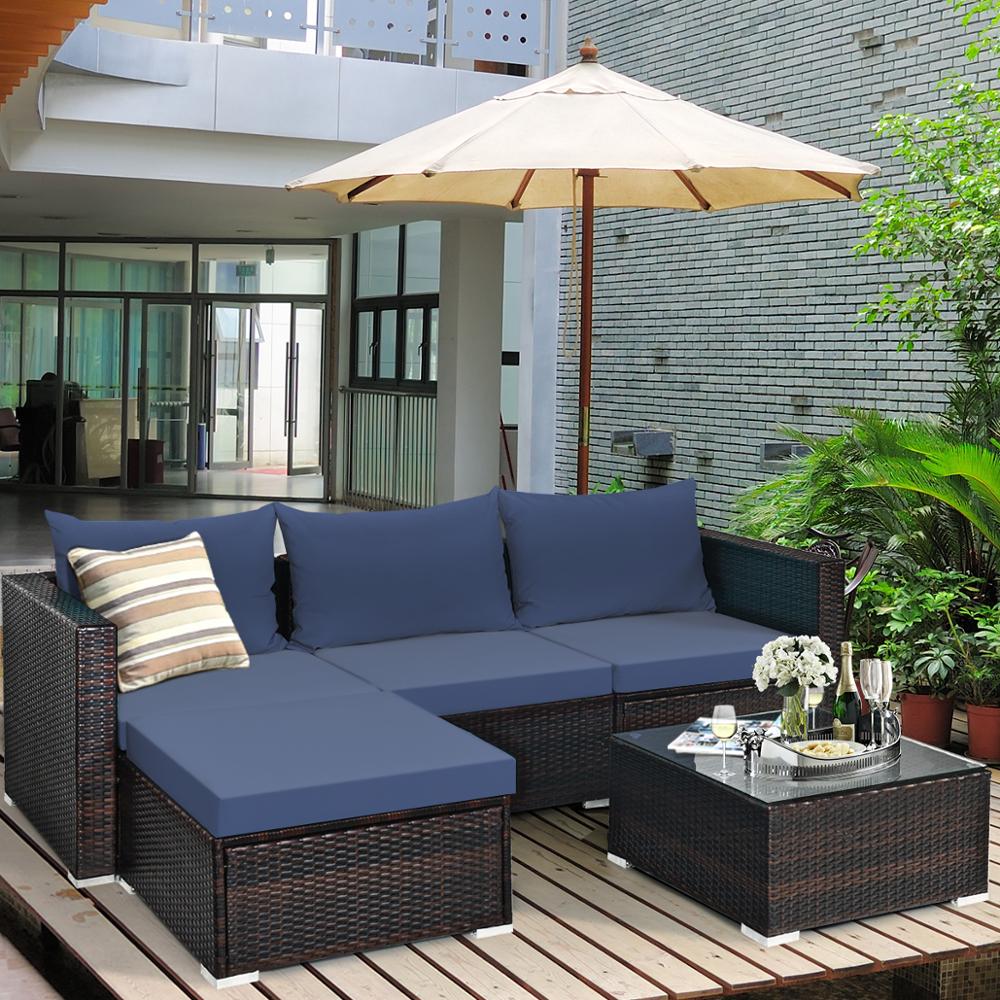 5 Piece Patio Rattan Furniture Set Sectional Sofa w/ Coffee Table