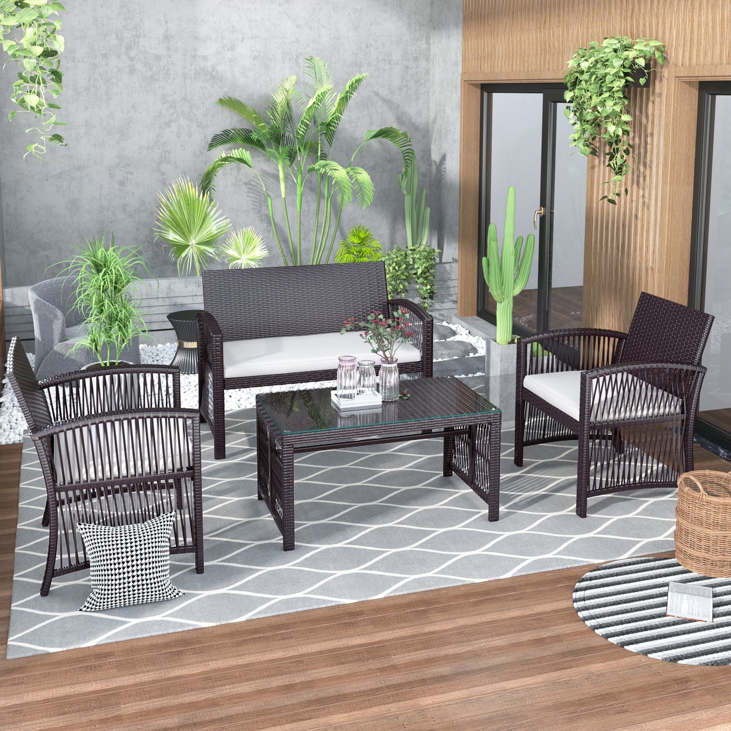 4Pcs Outdoor Rattan Patio Furniture; Coffee Table