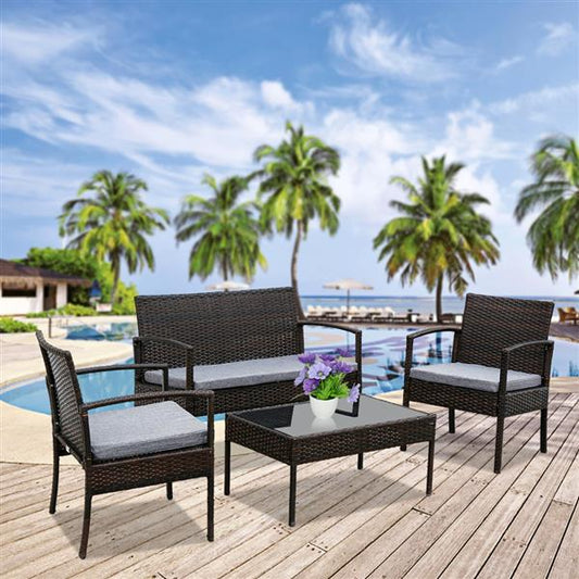 Outdoor Patio Rattan Wicker Furniture Set with Table Sofa Cushioned Light Grey