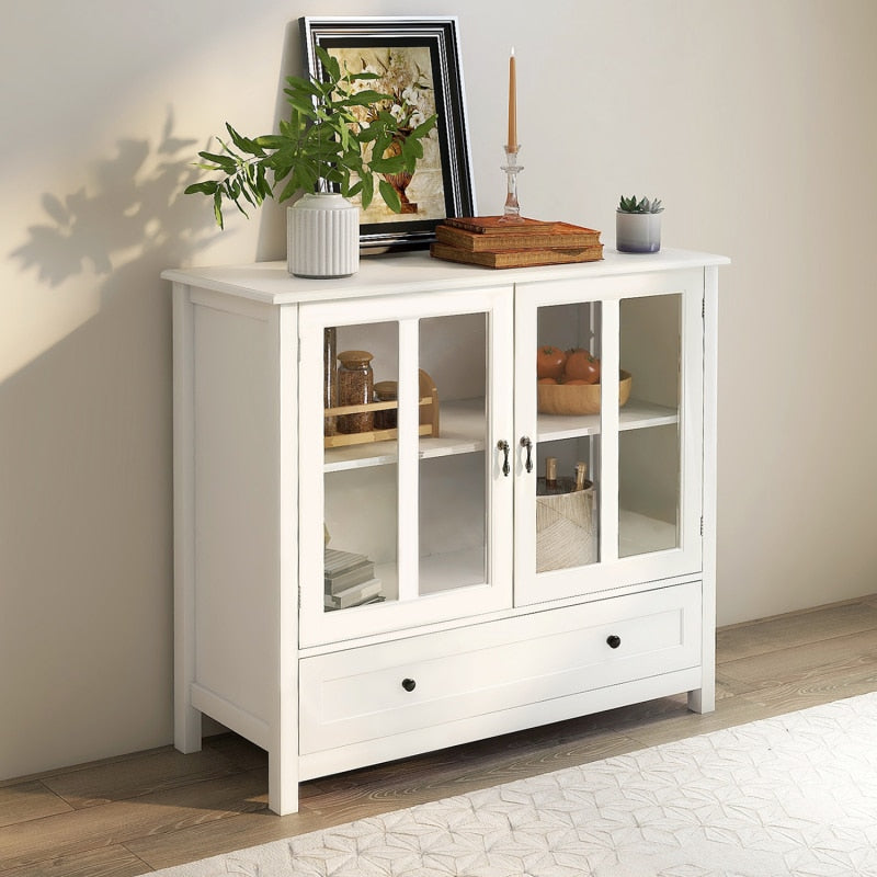 Storage Sideboard Buffet Cabinet with 2 Transparent Doors and Drawer Dining Cupboard for Kitchen, Hallway, Living Room White