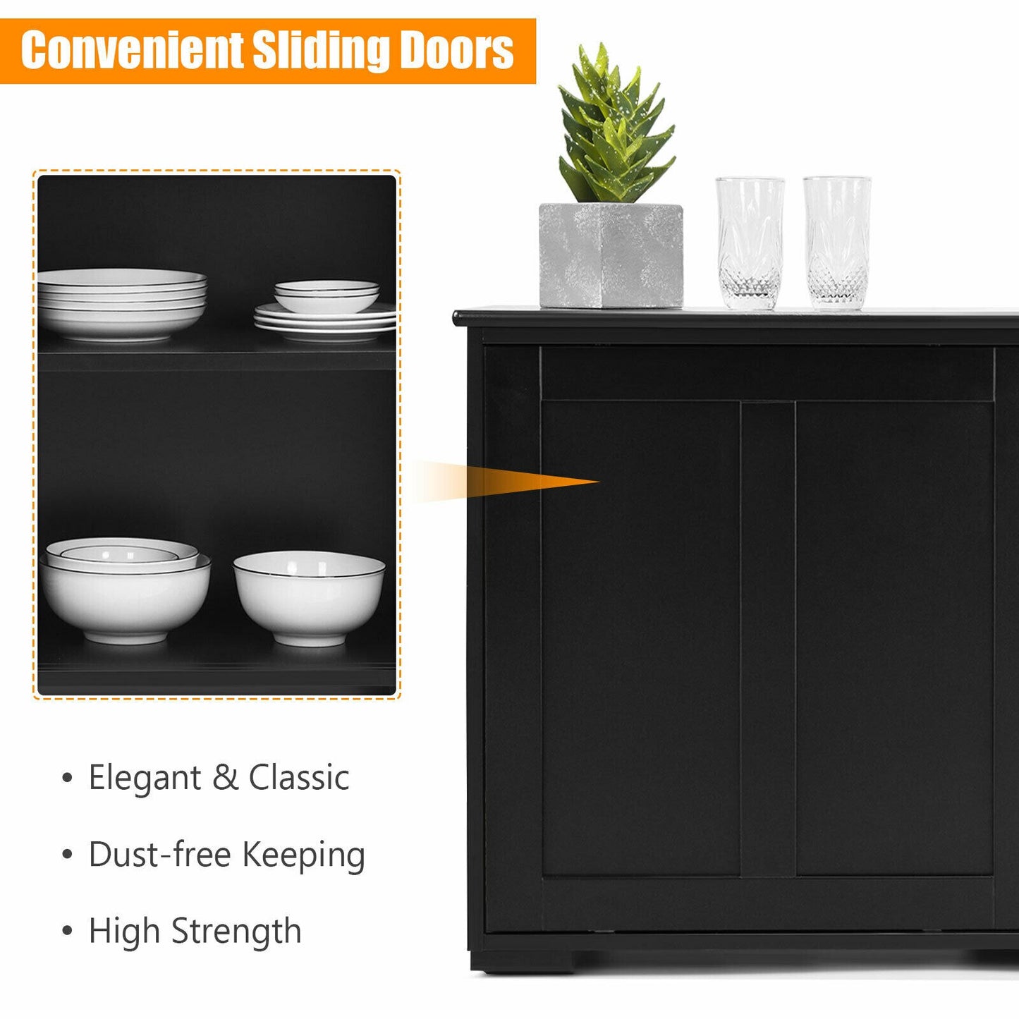 Black Kitchen Storage Cabinet Sideboard Buffet Cupboard Wood Sliding Door Pantry