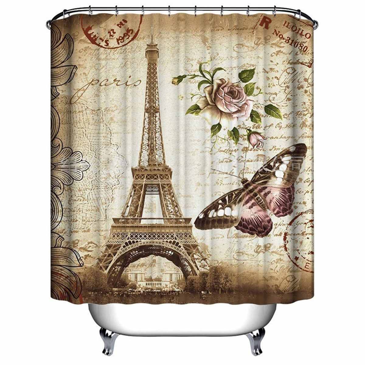 Eiffel Paris Print Bathroom Shower Curtain Waterproof Set