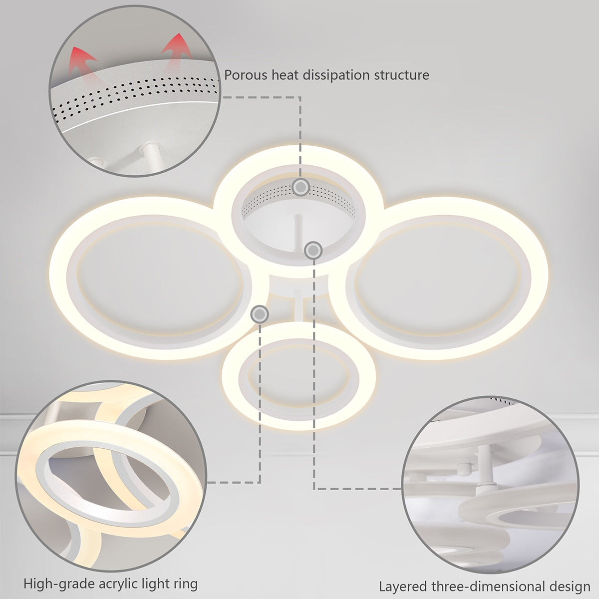 Modern LED Ceiling Light 4 Rings with Dimming Remote Control