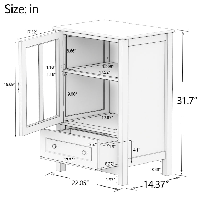 Storage Sideboard Buffet Cabinet with 2 Transparent Doors and Drawer Dining Cupboard for Kitchen, Hallway, Living Room White