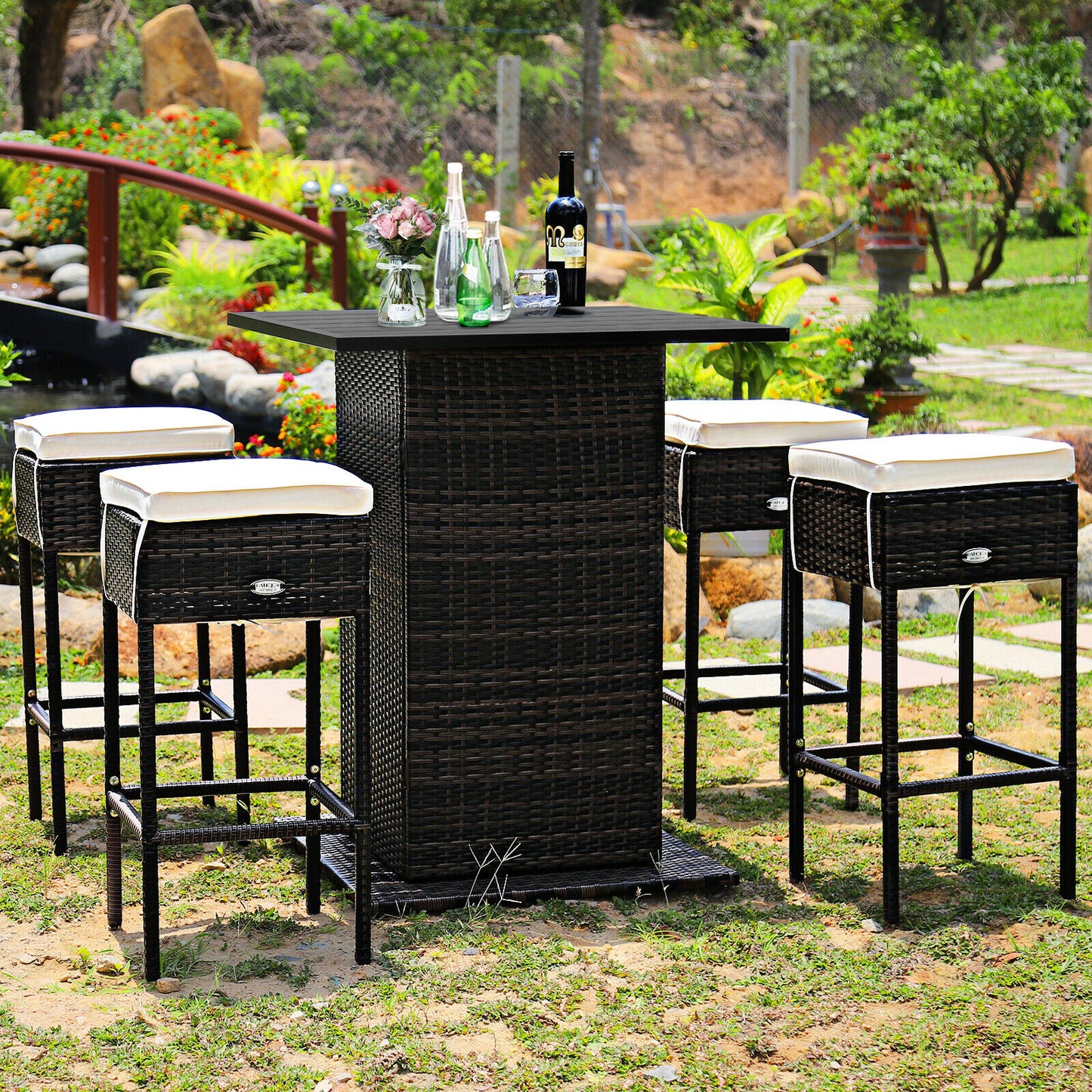 Bar Table Stool Set Hidden Storage Shelf Cushioned