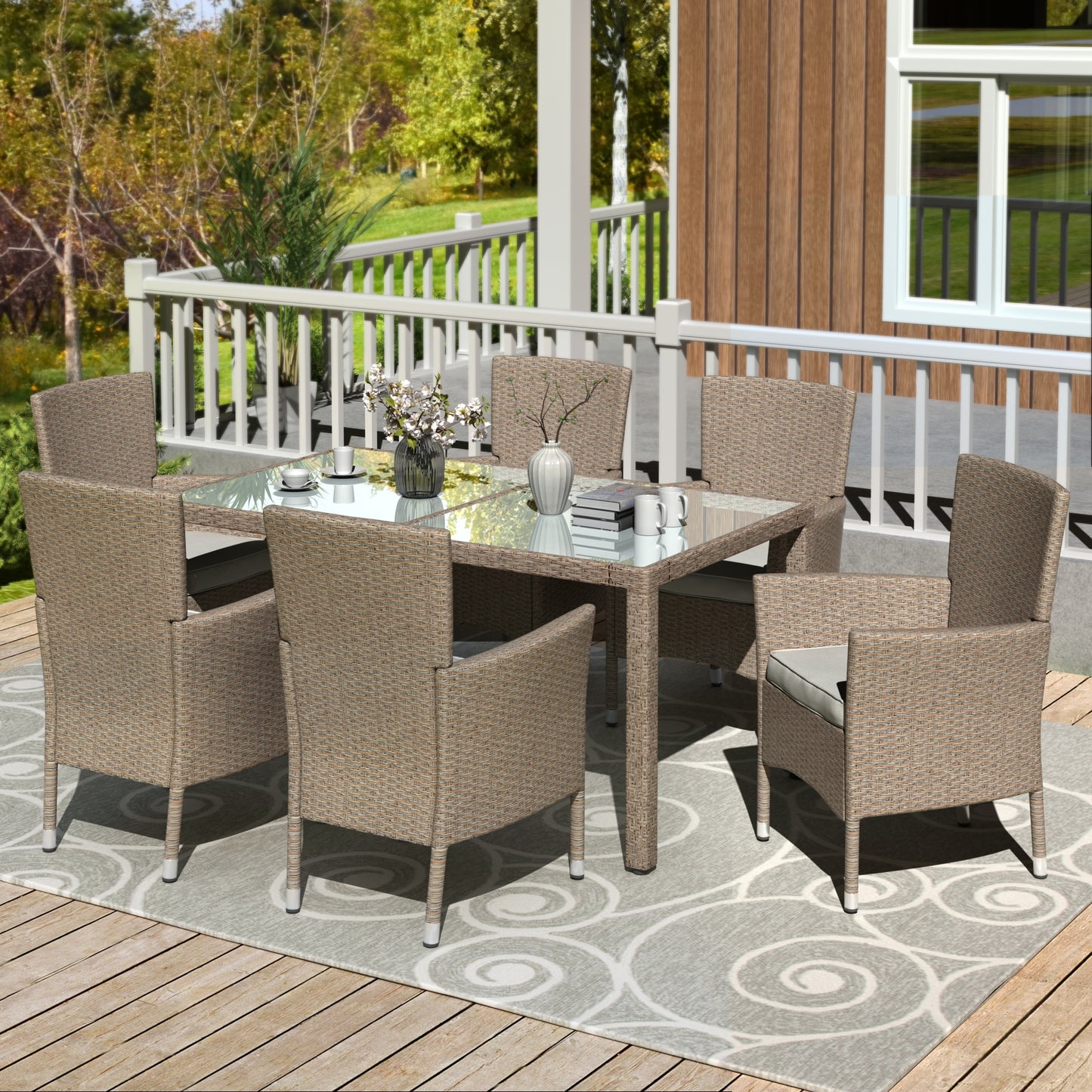 7 Piece Outdoor Rattan Wicker Dining Table Patio Set