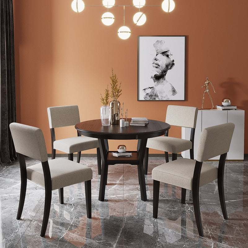 Kitchen Dining Table Set Round Kitchen Table with Bottom Shelf, 4 Upholstered Chairs