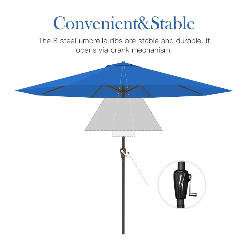 Patio Umbrella with Push Button Tilt and Crank, and Table