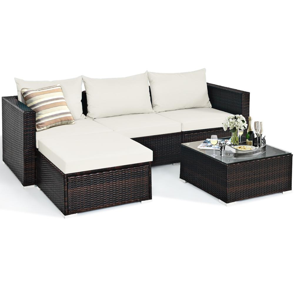 5 Piece Patio Rattan Furniture Set Sectional Sofa w/ Coffee Table