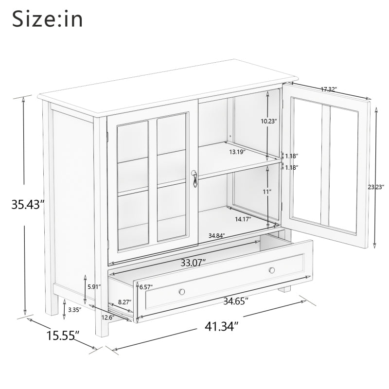 Storage Sideboard Buffet Cabinet with 2 Transparent Doors and Drawer Dining Cupboard for Kitchen, Hallway, Living Room White