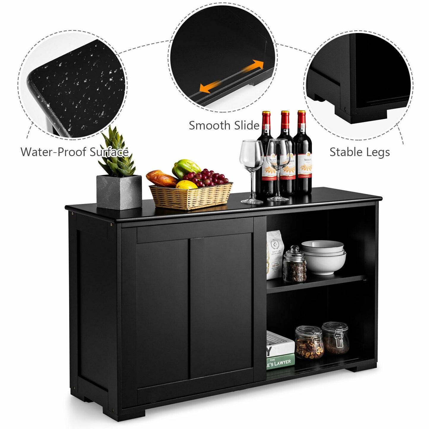 Black Kitchen Storage Cabinet Sideboard Buffet Cupboard Wood Sliding Door Pantry