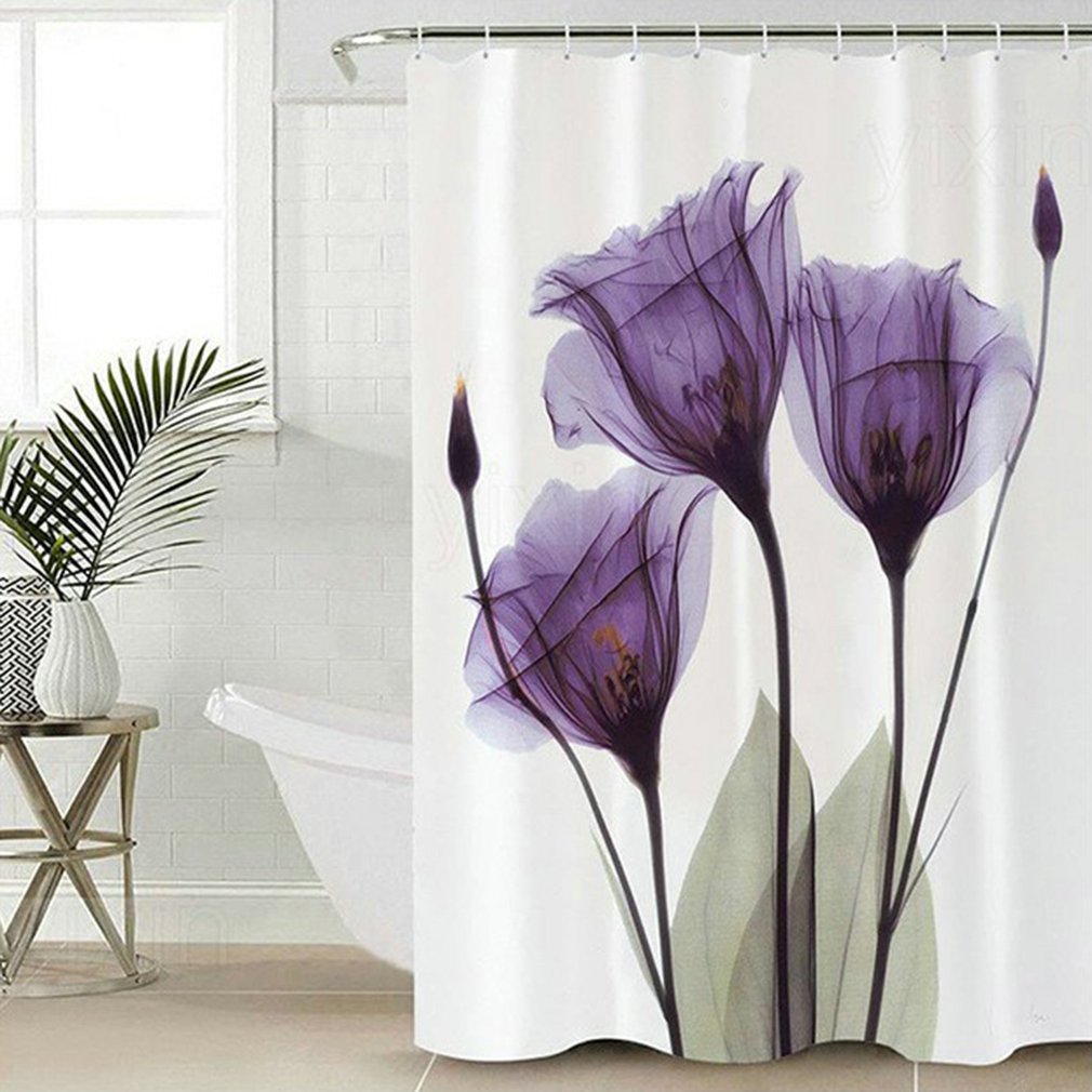 Waterproof Tulip Lotus Flowers Trees Pattern Shower with Hooks