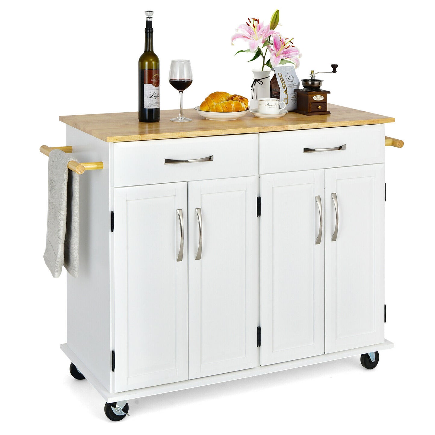 Rolling Kitchen Island Cart Buffet Cabinet w/ Towel Racks Drawers