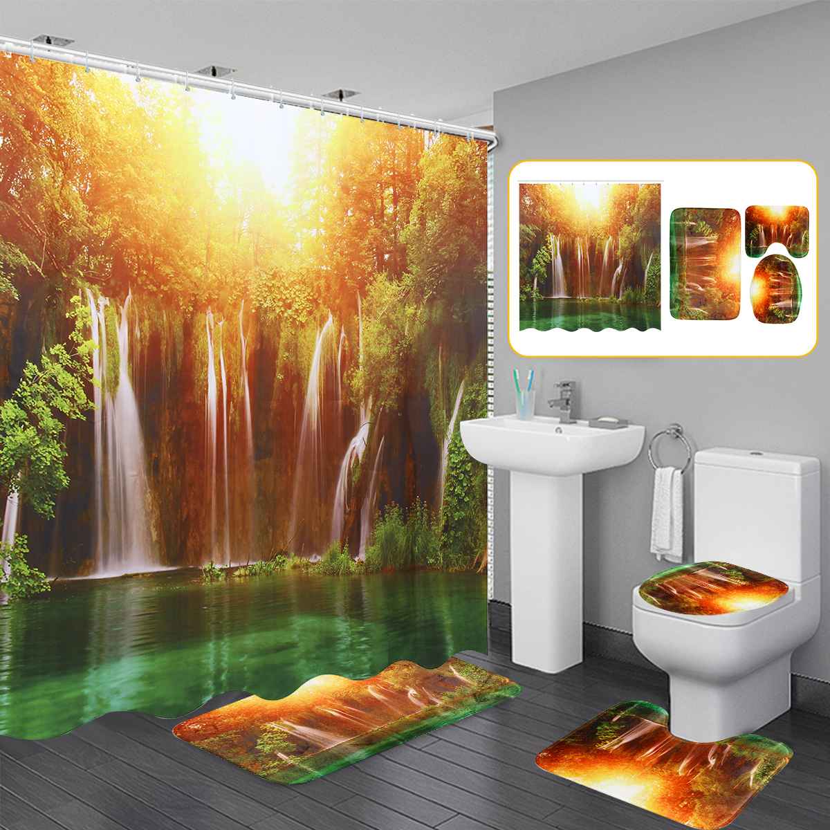 3D Waterfall Scenery Waterproof Shower Curtain