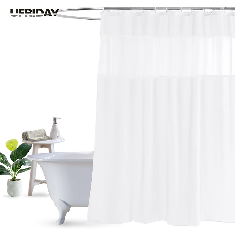 Fabric White Shower Curtain with Mesh Window Waterproof Screen