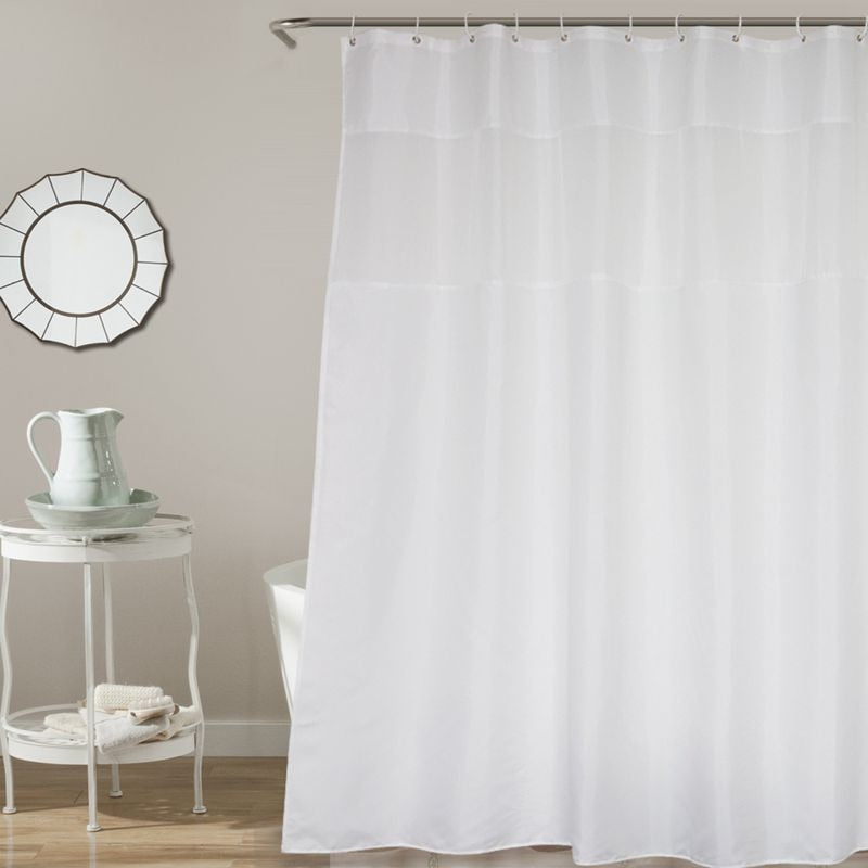 Fabric White Shower Curtain with Mesh Window Waterproof Screen