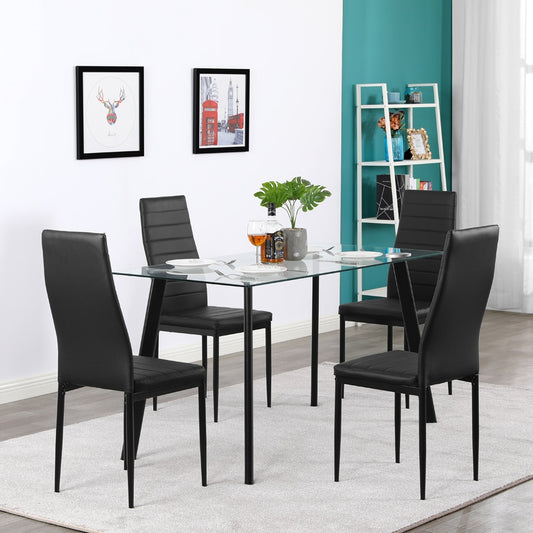 Black Dining Set 4 Chairs with Glass Metal Table