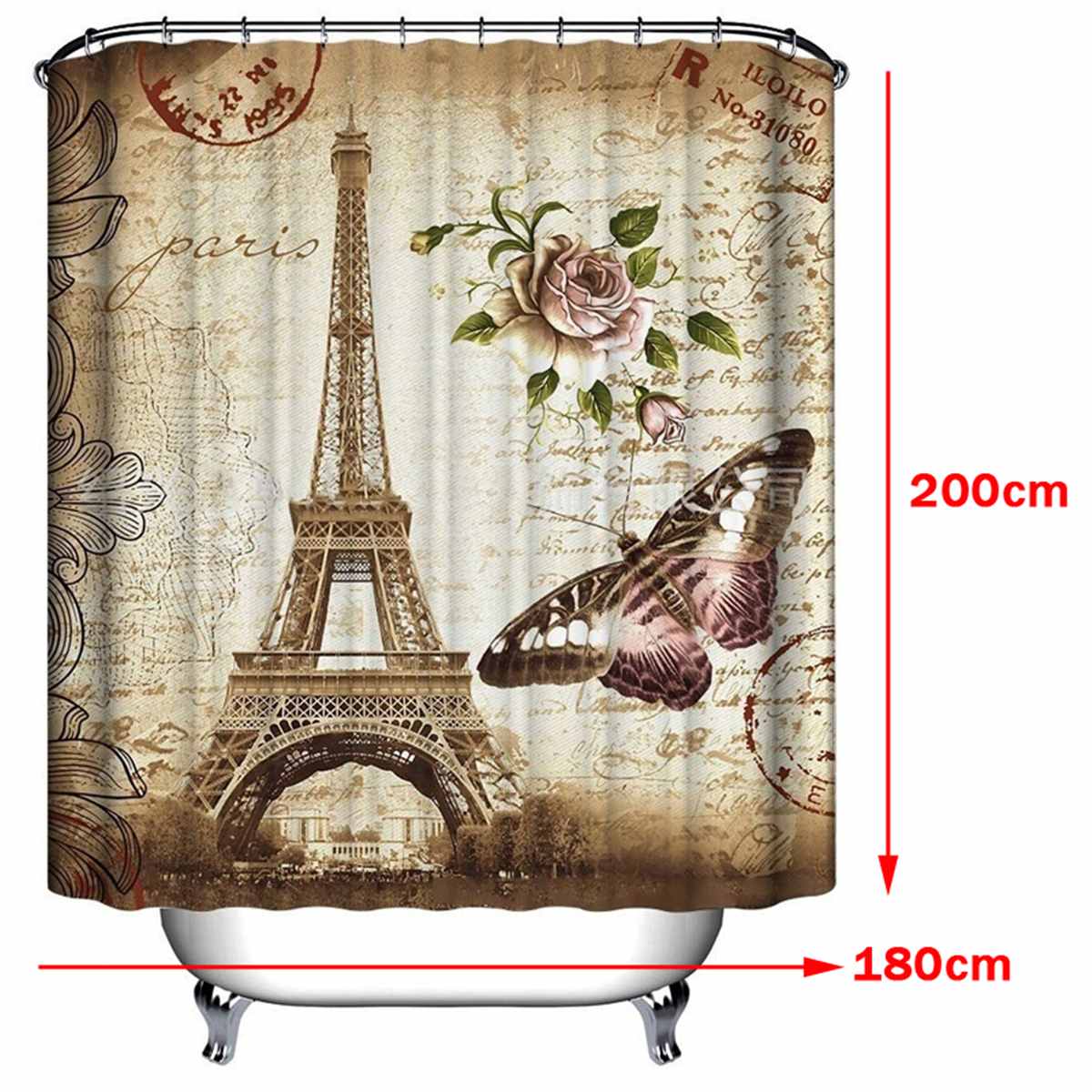 Eiffel Paris Print Bathroom Shower Curtain Waterproof Set