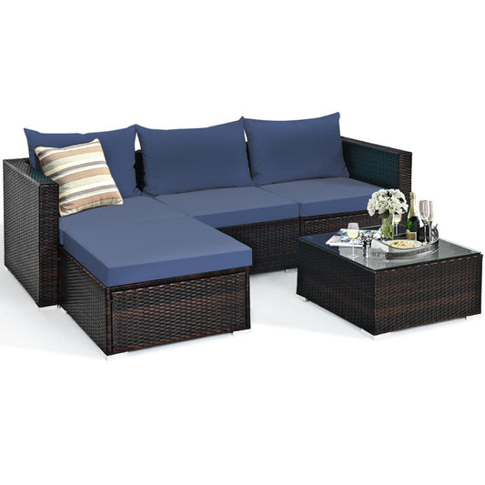 5 Piece Patio Rattan Furniture Set Sectional Sofa w/ Coffee Table