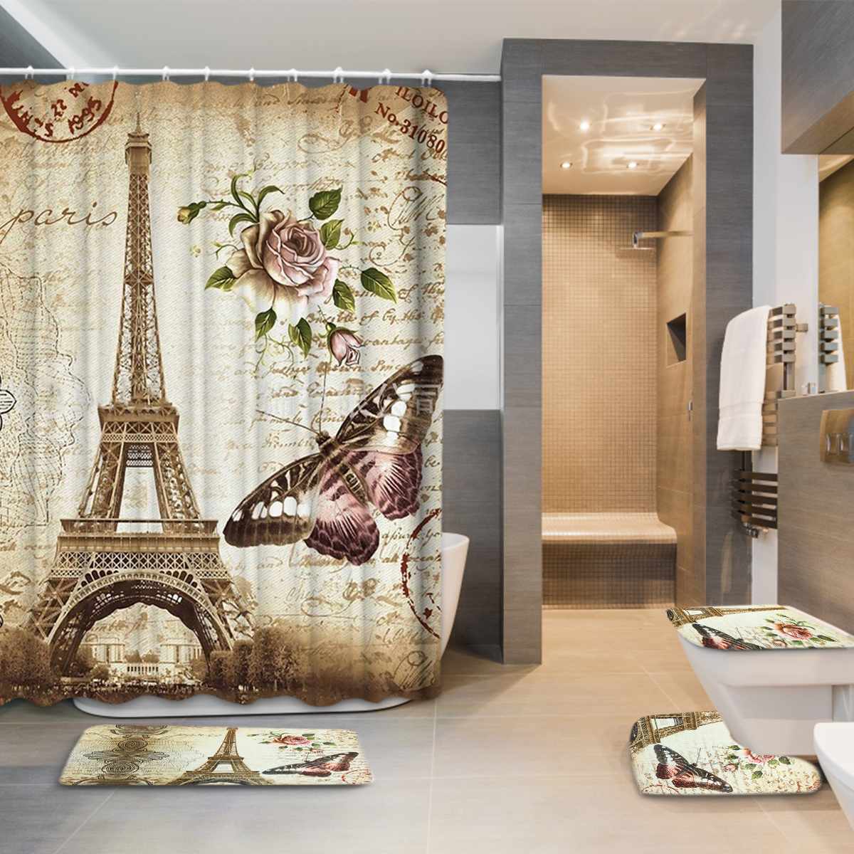 Eiffel Paris Print Bathroom Shower Curtain Waterproof Set