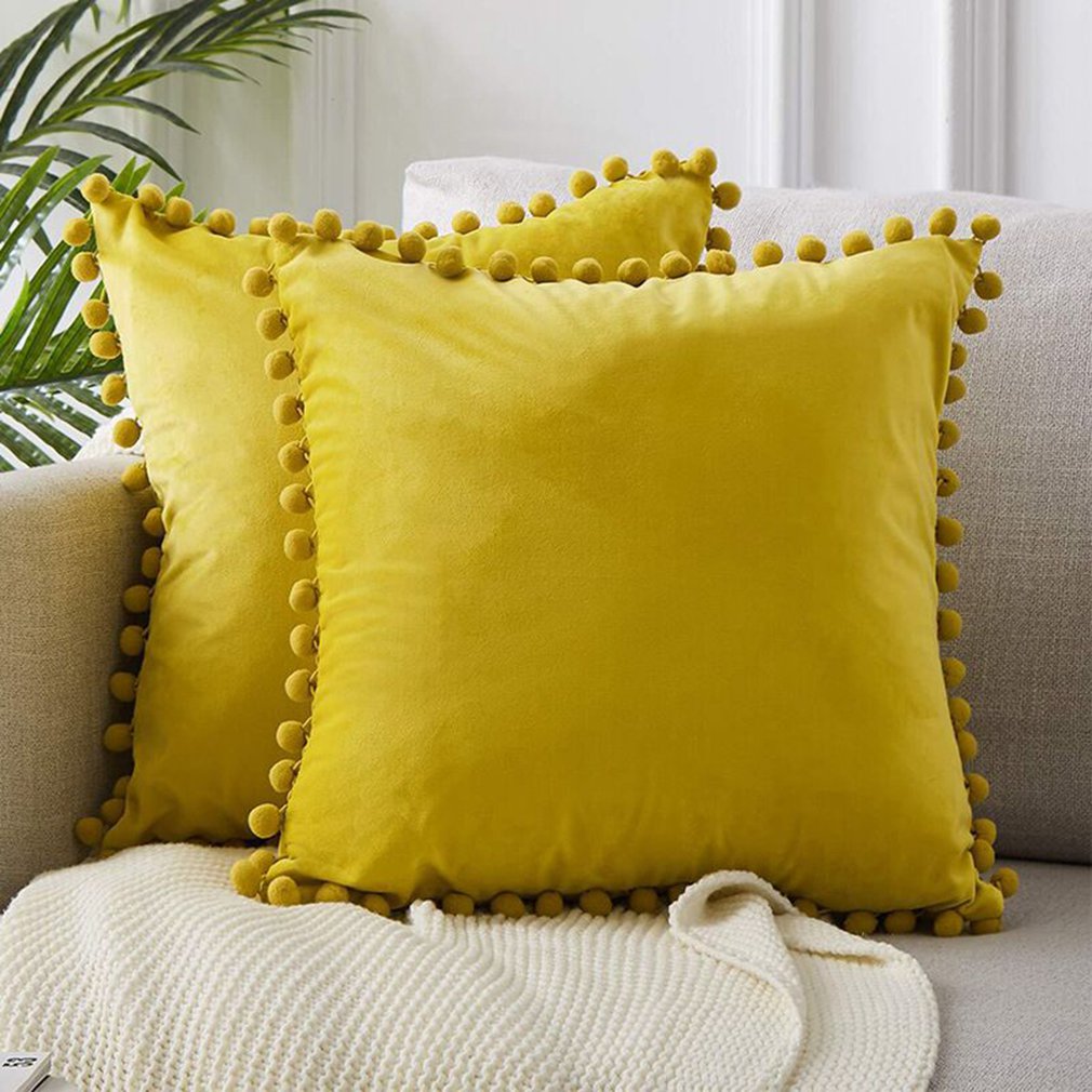 Decorative Velvet Solid Throw Pillow Covers With Pom-poms