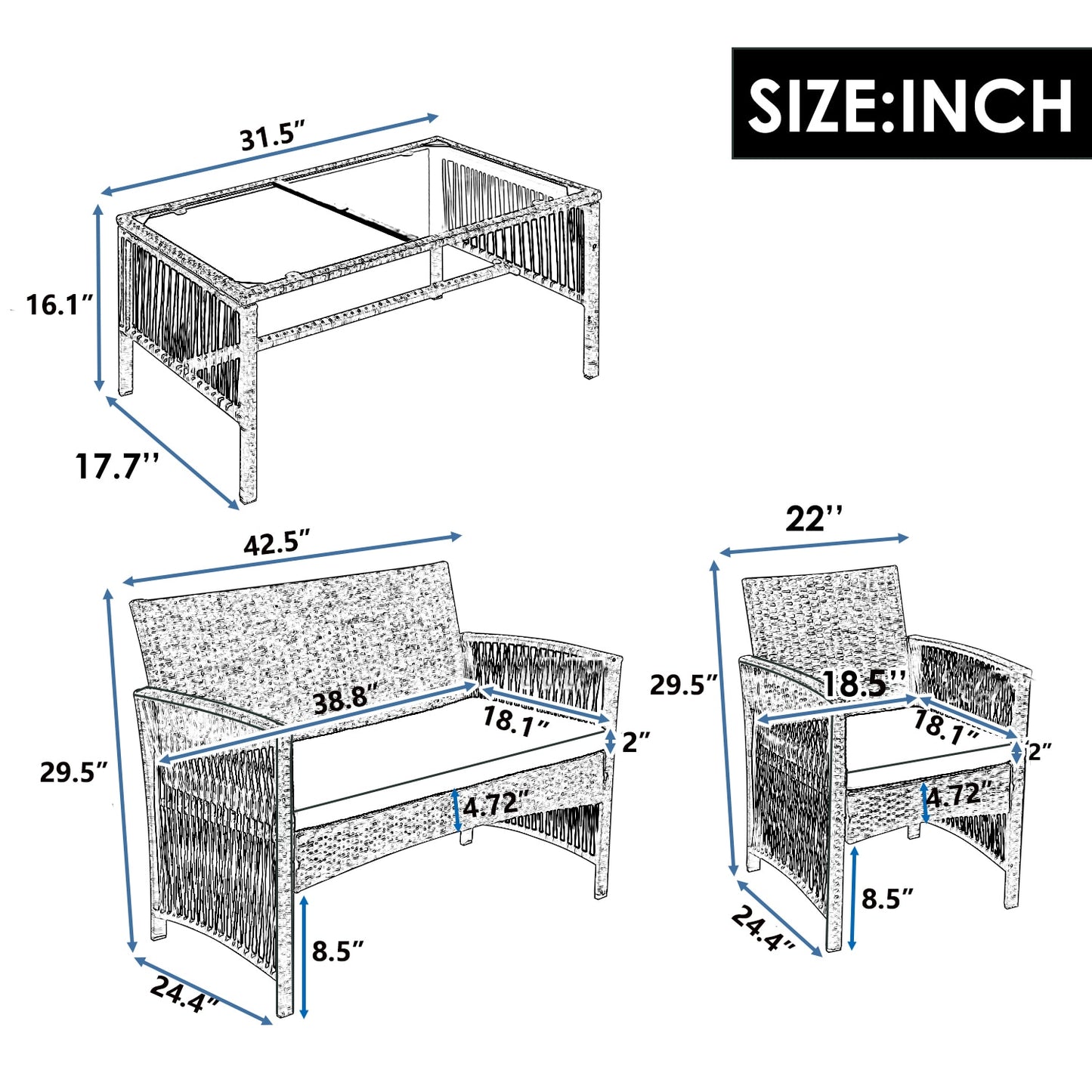 4Pcs Outdoor Rattan Patio Furniture; Coffee Table