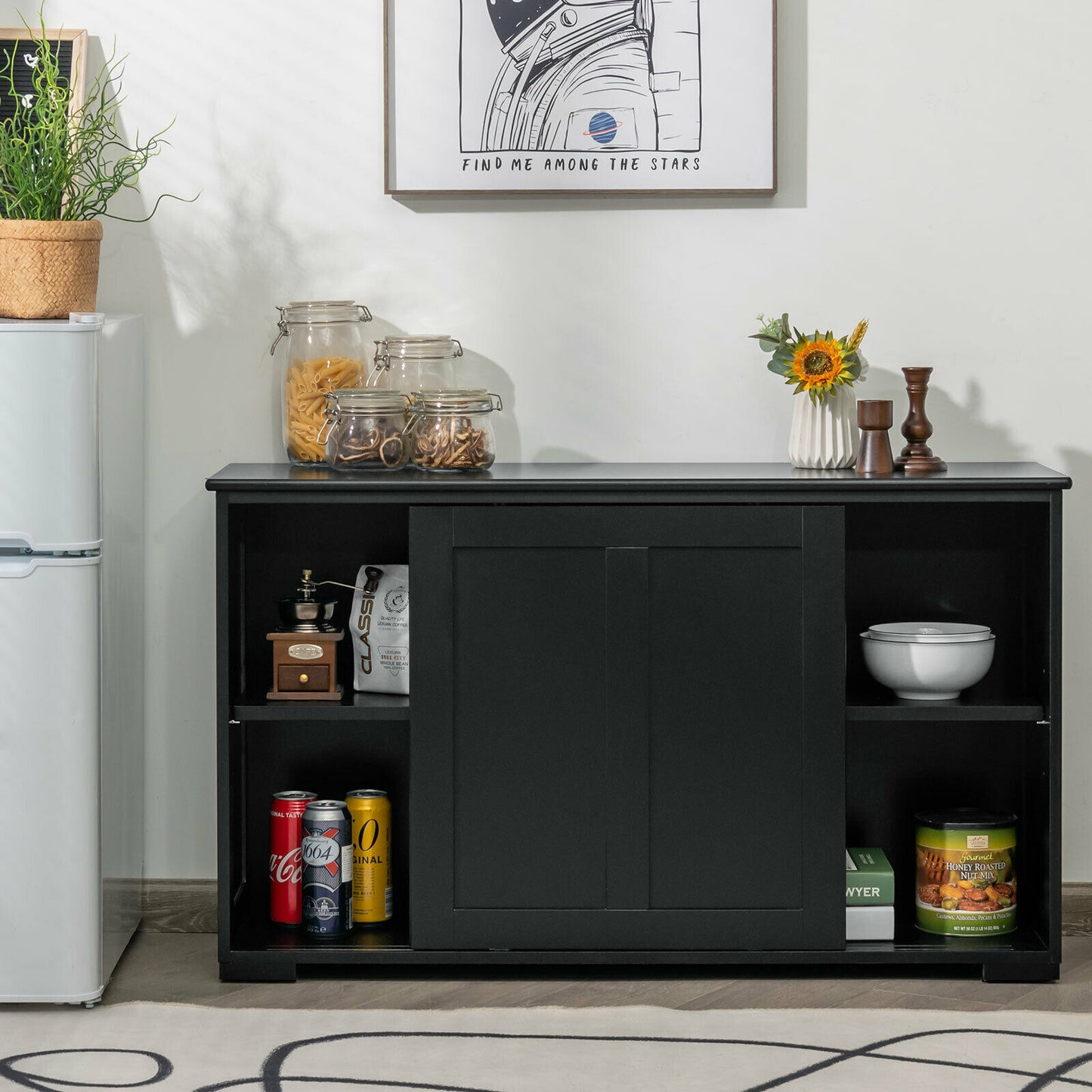 Black Kitchen Storage Cabinet Sideboard Buffet Cupboard Wood Sliding Door Pantry