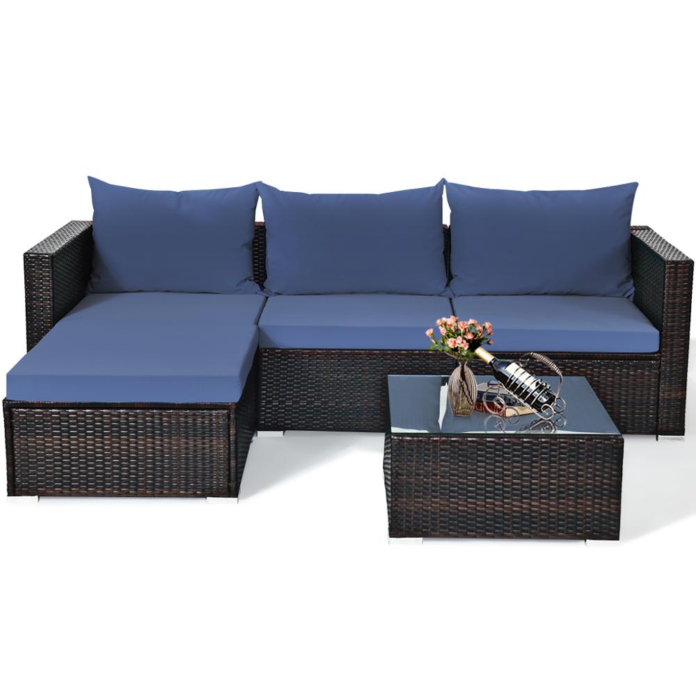 5 Piece Patio Rattan Furniture Set Sectional Sofa w/ Coffee Table