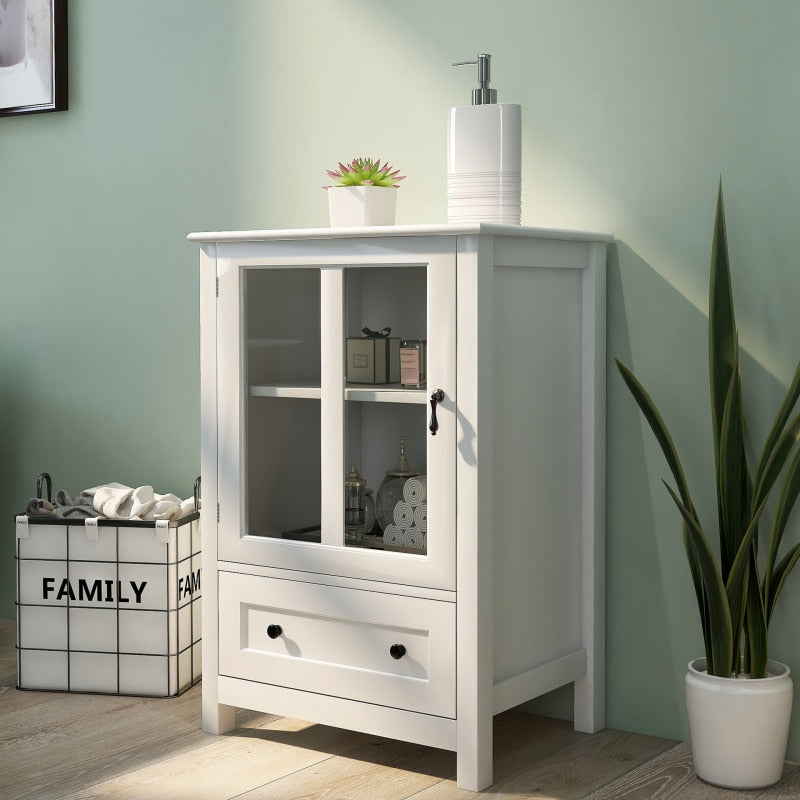 Storage Sideboard Buffet Cabinet with 2 Transparent Doors and Drawer Dining Cupboard for Kitchen, Hallway, Living Room White