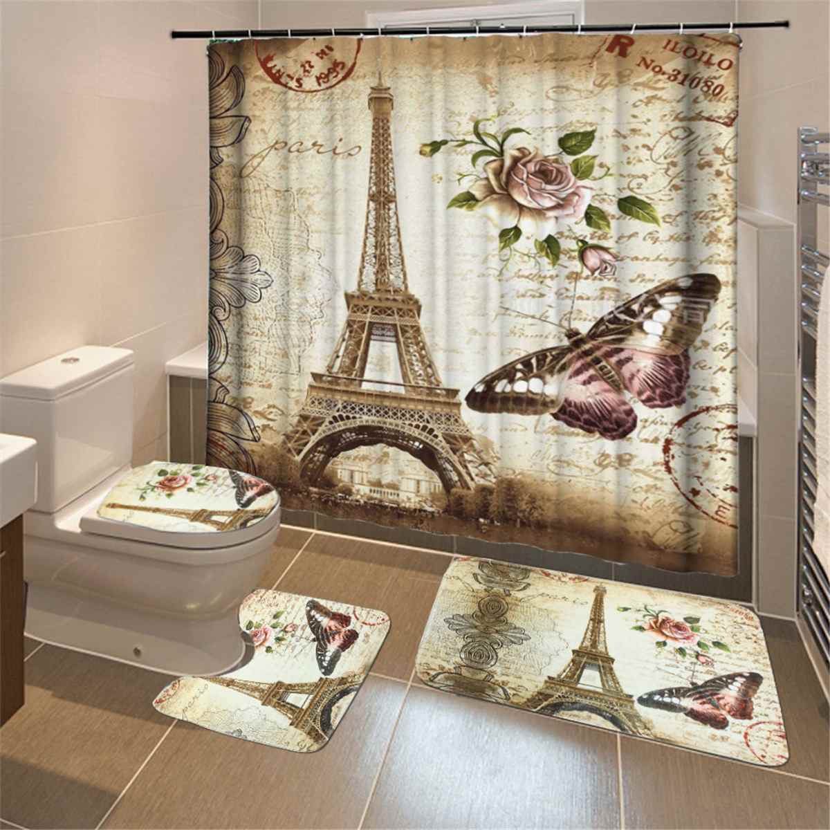 Eiffel Paris Print Bathroom Shower Curtain Waterproof Set