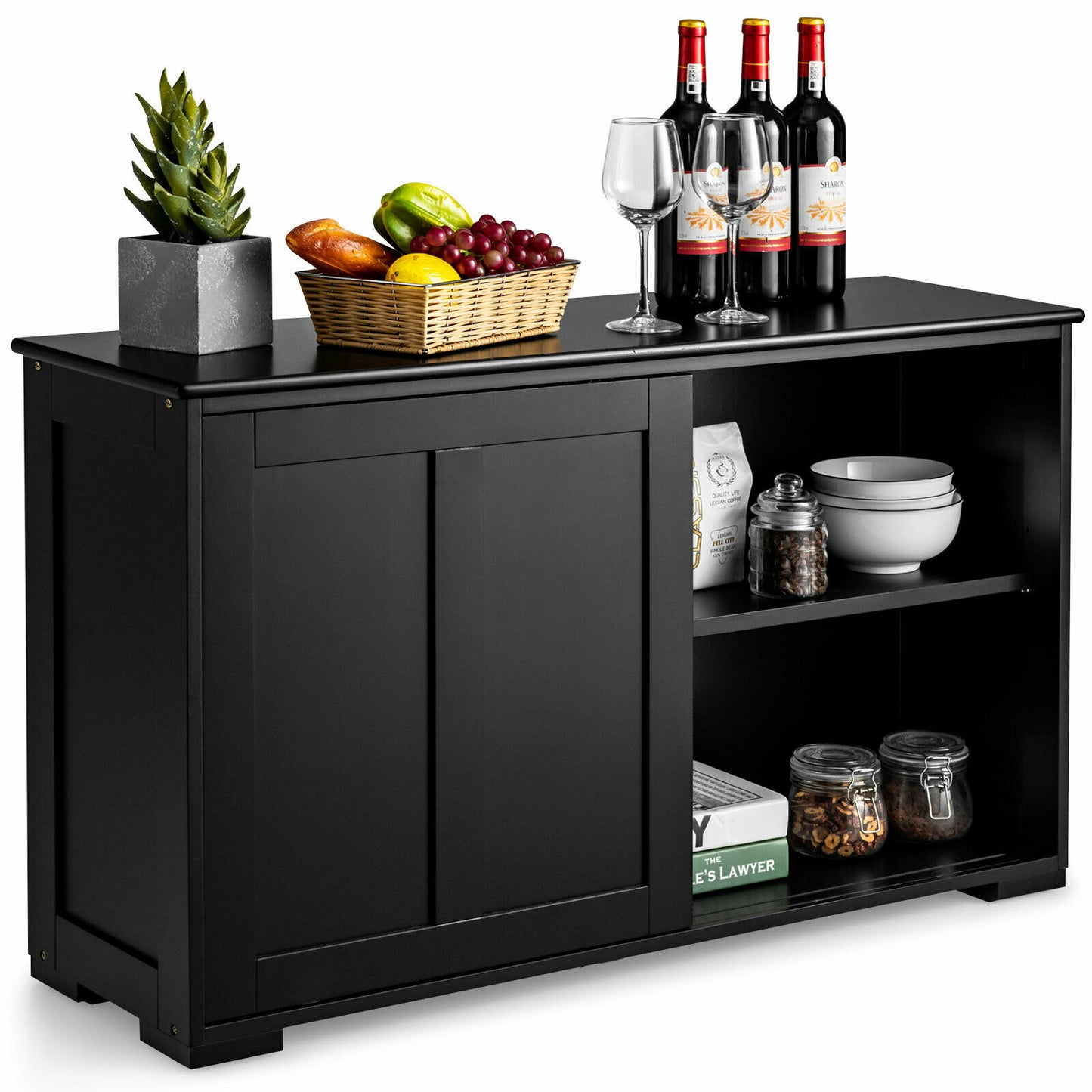 Black Kitchen Storage Cabinet Sideboard Buffet Cupboard Wood Sliding Door Pantry