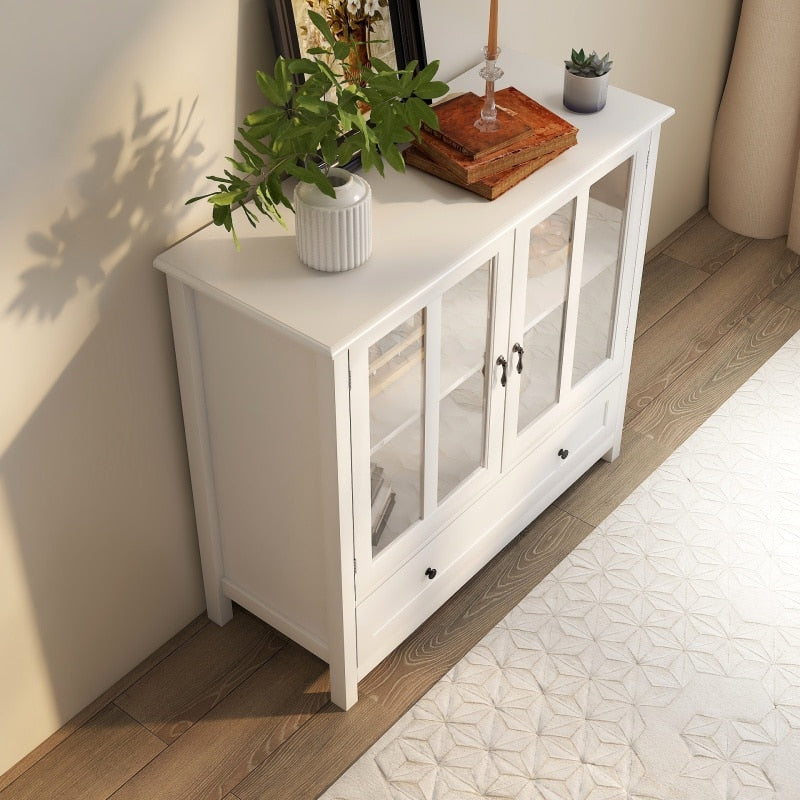 Storage Sideboard Buffet Cabinet with 2 Transparent Doors and Drawer Dining Cupboard for Kitchen, Hallway, Living Room White