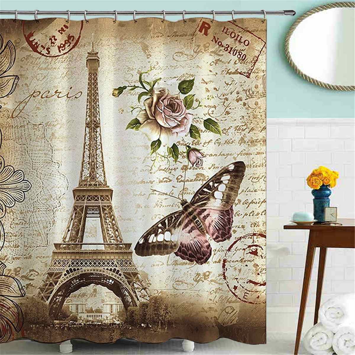 Eiffel Paris Print Bathroom Shower Curtain Waterproof Set