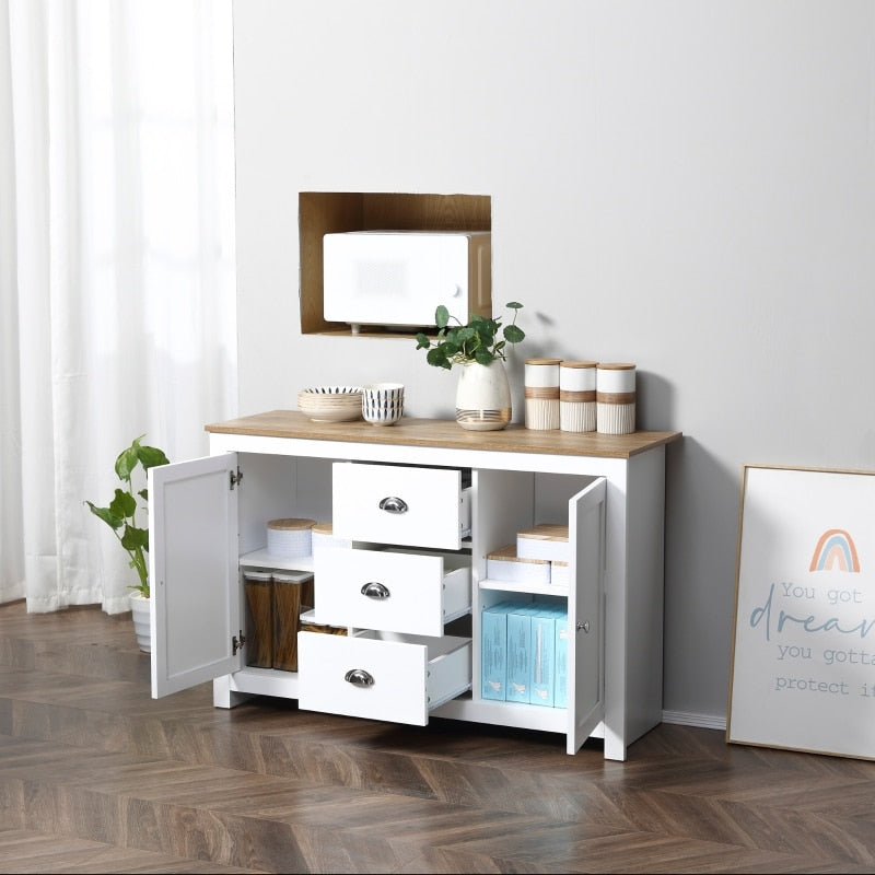 White Modern Kitchen Sideboard with Adjustable Shelves, Dining Buffet Cabinet with 3 Storage Drawers